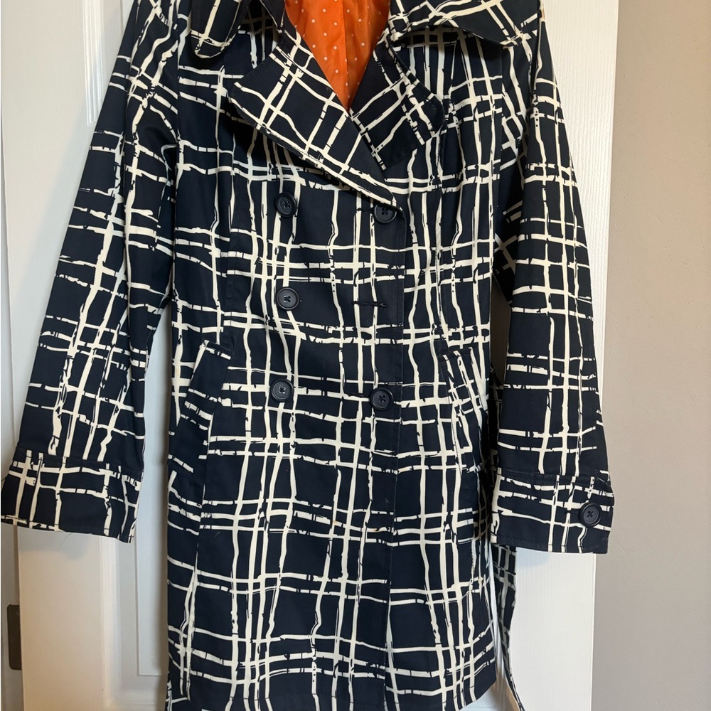 Merona Navy and White Plaid Trench Coat